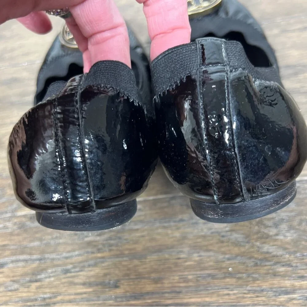 TORY BURCH Caroline Patent Leather Ballet Flats Black Gold/Black Medallion 7.5